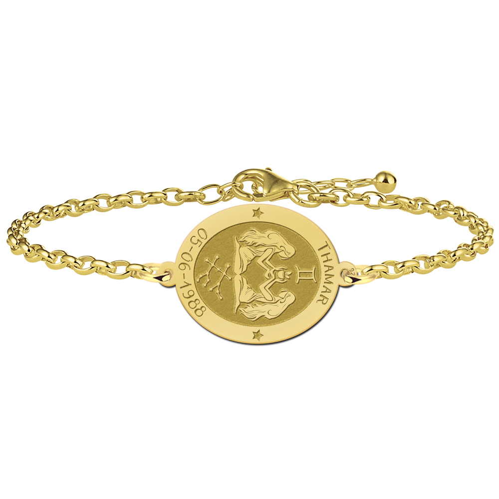 Pulsera Ovalada Signo del Zodíaco Géminis Chapada en Oro con Nombre y Fecha
