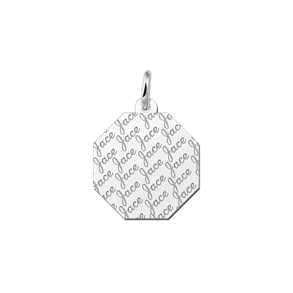 Colgante octogonal de plata con patrón de nombre repetido