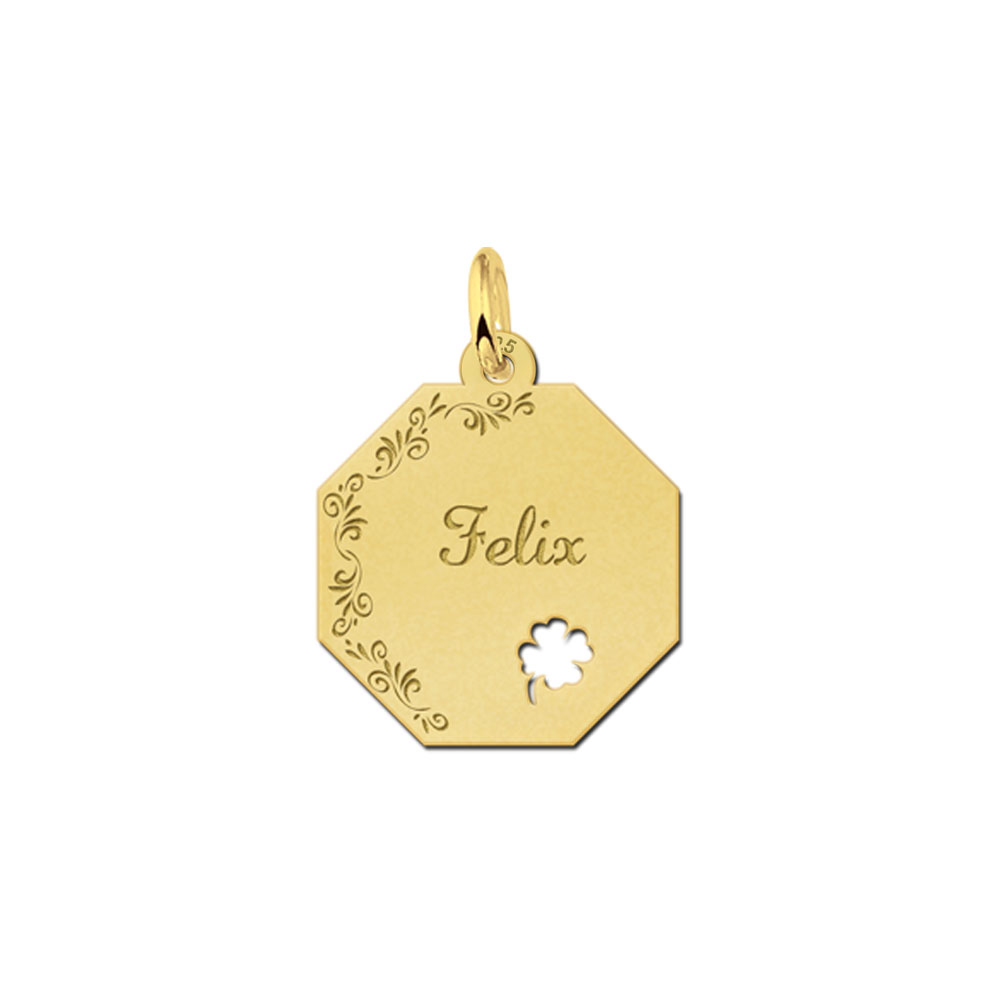 Colgante octogonal chapado en oro con borde de flores y trébol de cuatro hojas