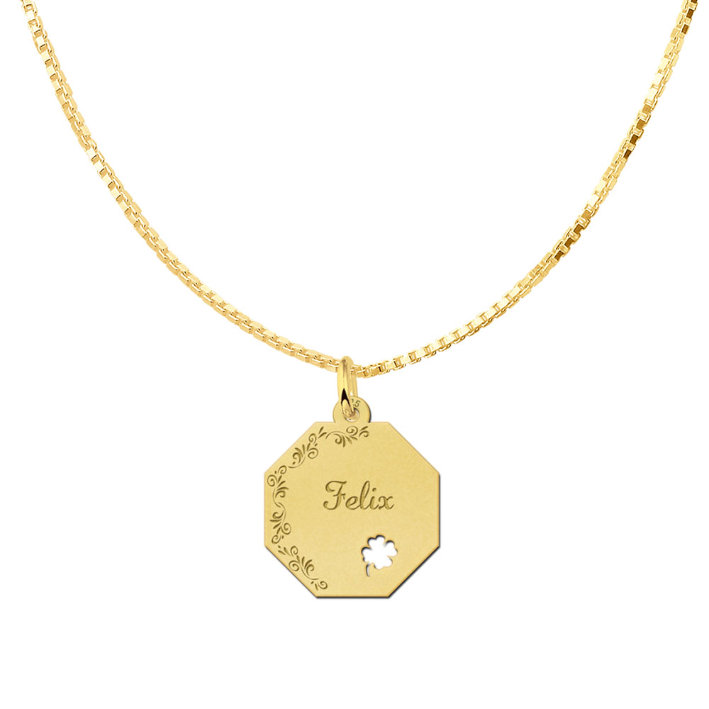 Colgante octogonal chapado en oro con borde de flores y trébol de cuatro hojas