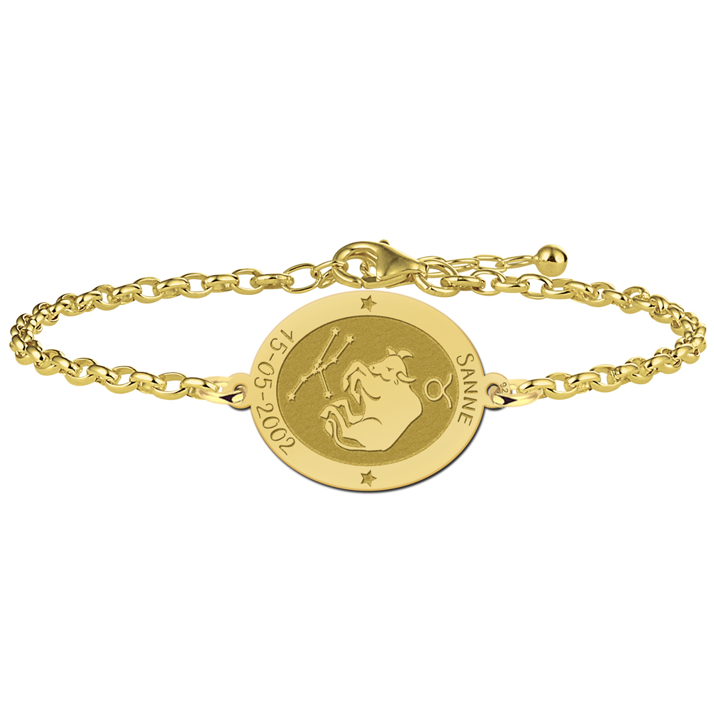 Pulsera Ovalada Signo del Zodíaco Tauro Chapada en Oro con Nombre y Fecha