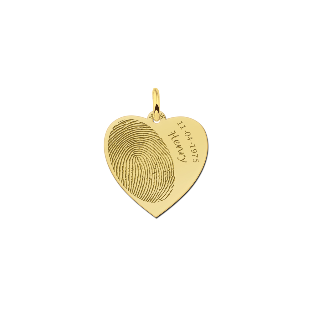 Joya de oro con huella dactilar en forma de corazón con el nombre y la fecha