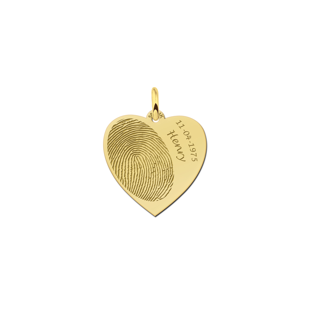 Joya de oro con huella dactilar en forma de corazón con el nombre y la fecha Joya de oro con huella dactilar en forma de corazón con el nombre y la fecha