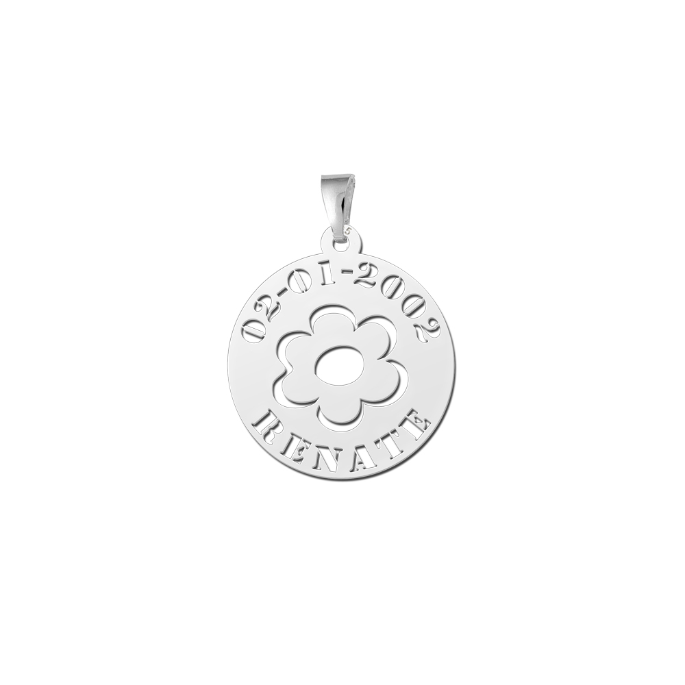 Colgante Redondo de Plata Flor con Nombre y Fecha