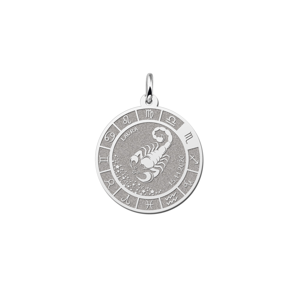 Colgante Redondo de Plata Signo del Zodiaco Escorpio con Grabado