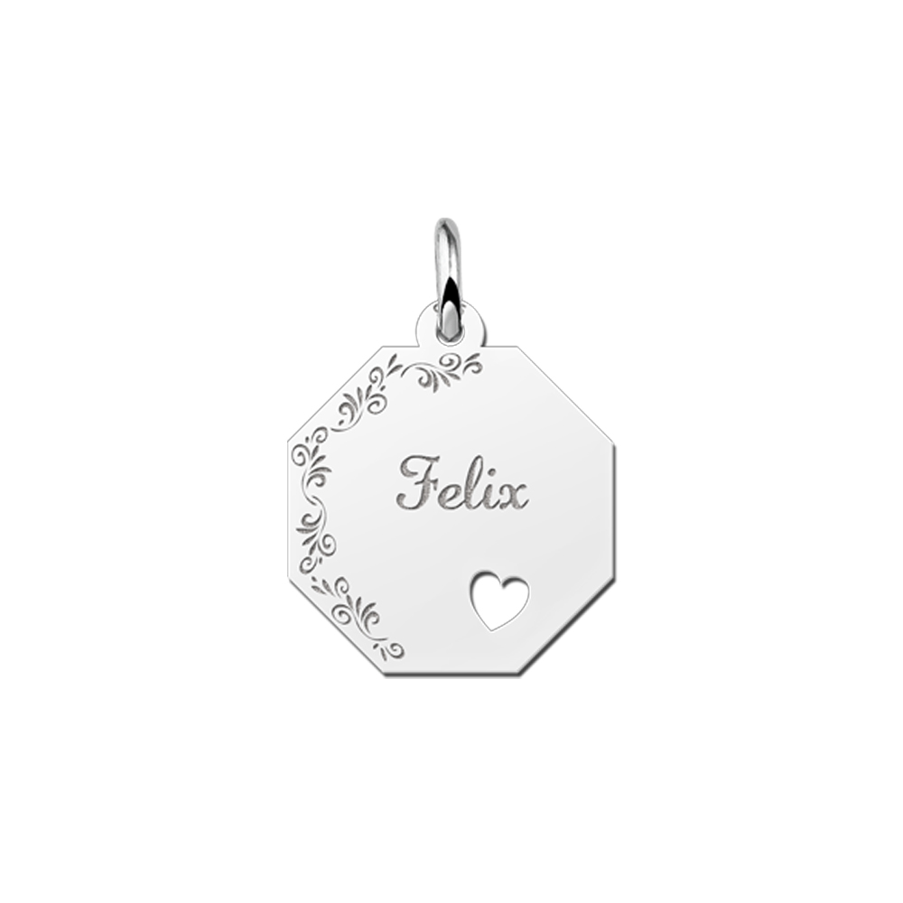 Colgante octogonal de plata con borde floral, nombre y corazón