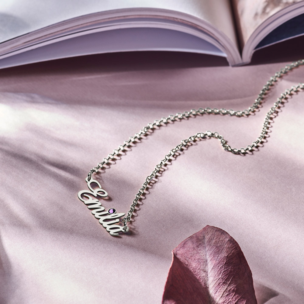 Collar con nombre de plata y piedra de nacimiento Emilia Collar con nombre de plata y piedra de nacimiento Emilia