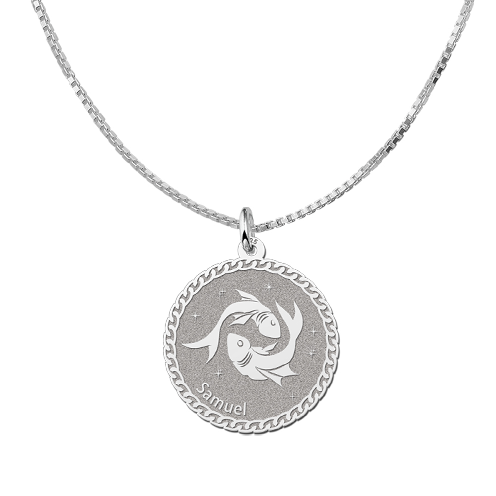 Colgante Redondo de Plata Signo del Zodiaco Piscis con Grabado de Nombre
