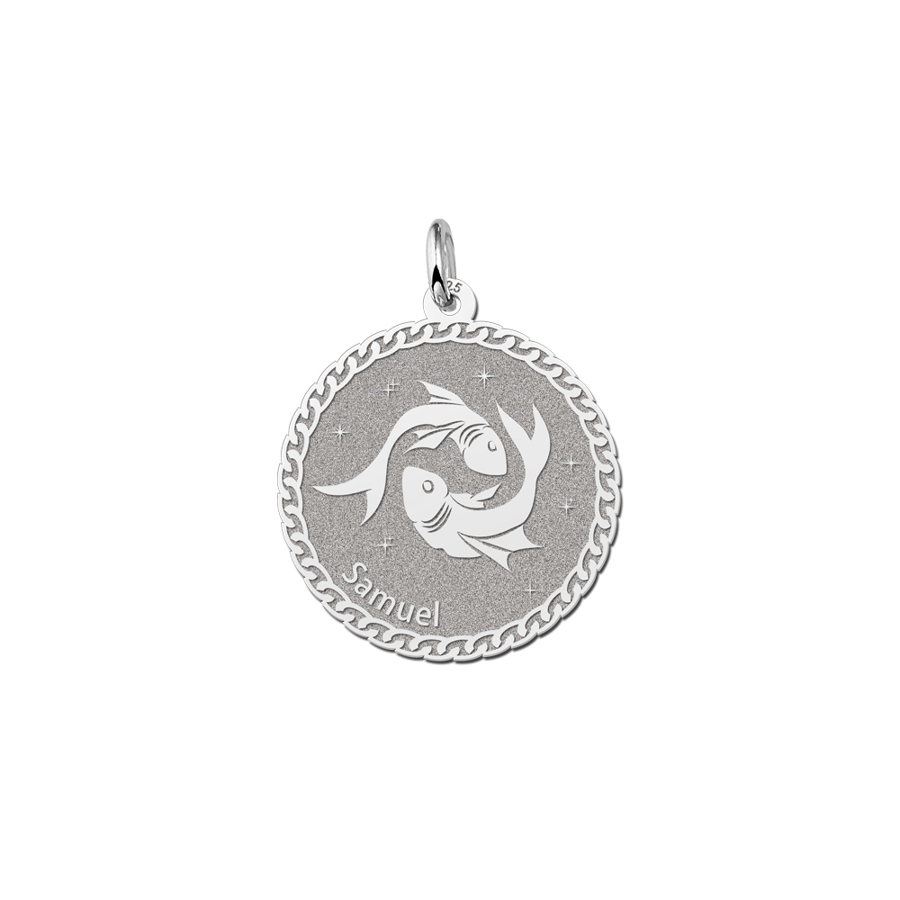 Colgante Redondo de Plata Signo del Zodiaco Piscis con Grabado de Nombre