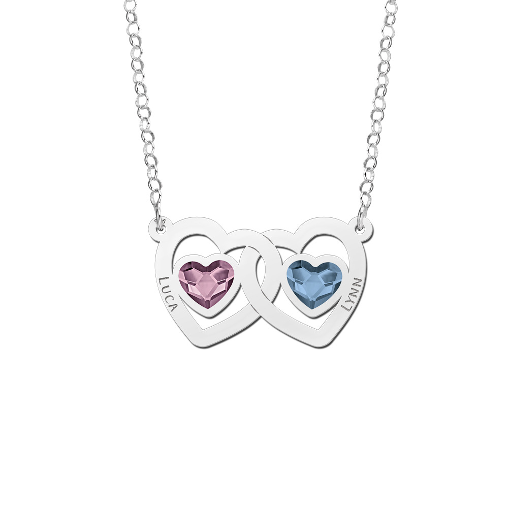 Collar familiar de plata con dos corazones, nombres y piedras de nacimiento