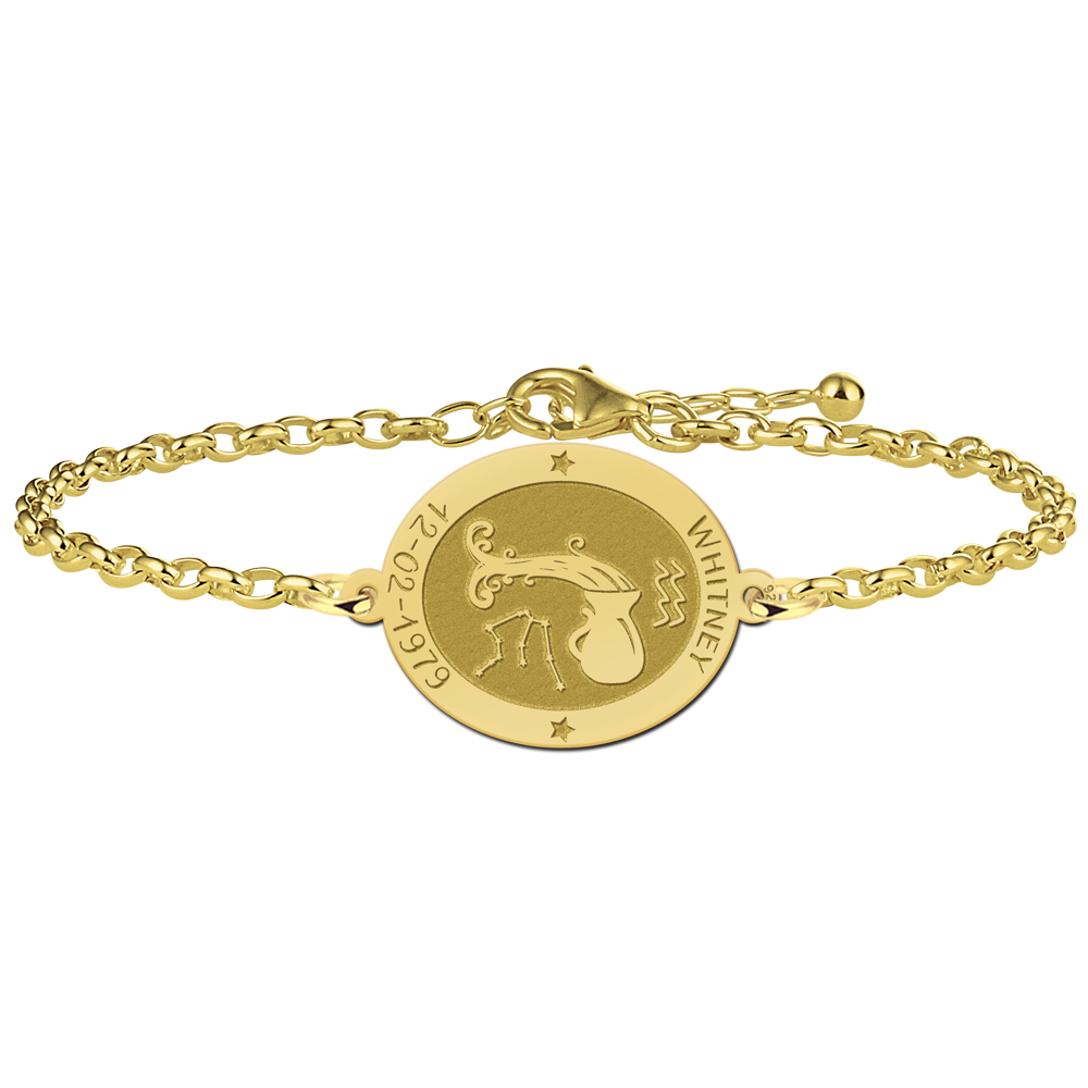 Pulsera Ovalada Signo del Zodíaco Acuario Chapada en Oro con Nombre y Fecha