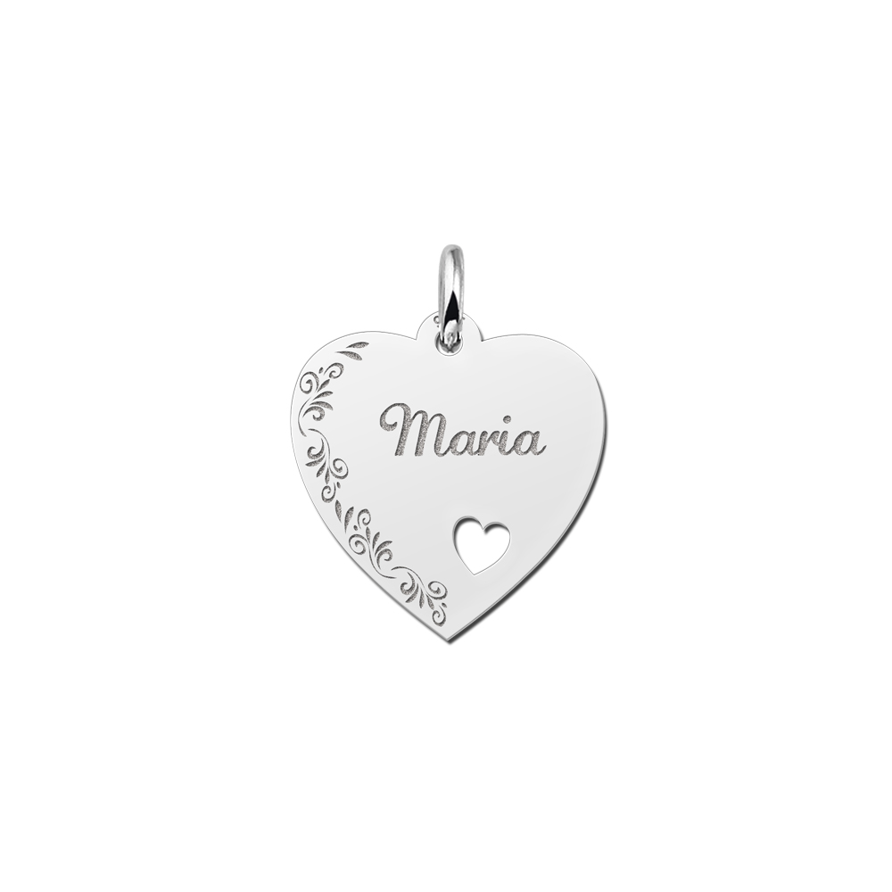 Placa de plata  grabado corazón con borde de flor y corazoncito