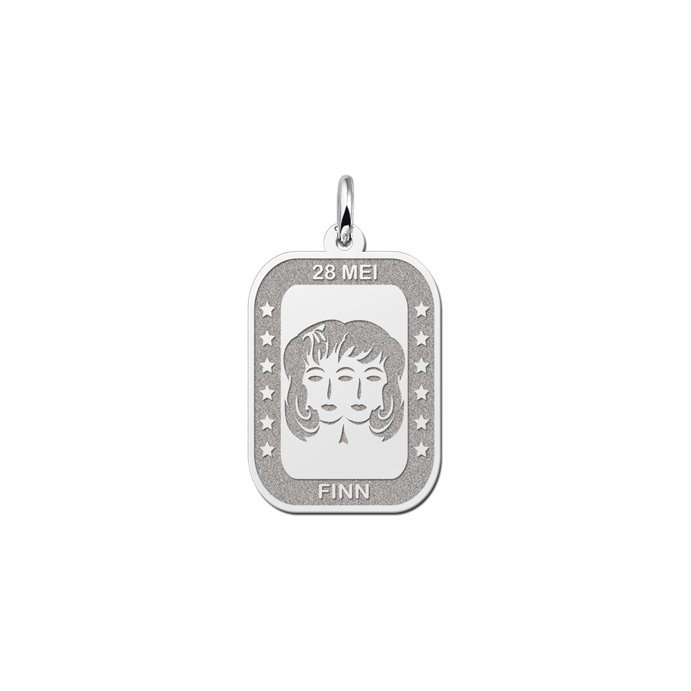 Colgante Rectangular de Plata Signo del Zodiaco Géminis con Grabado