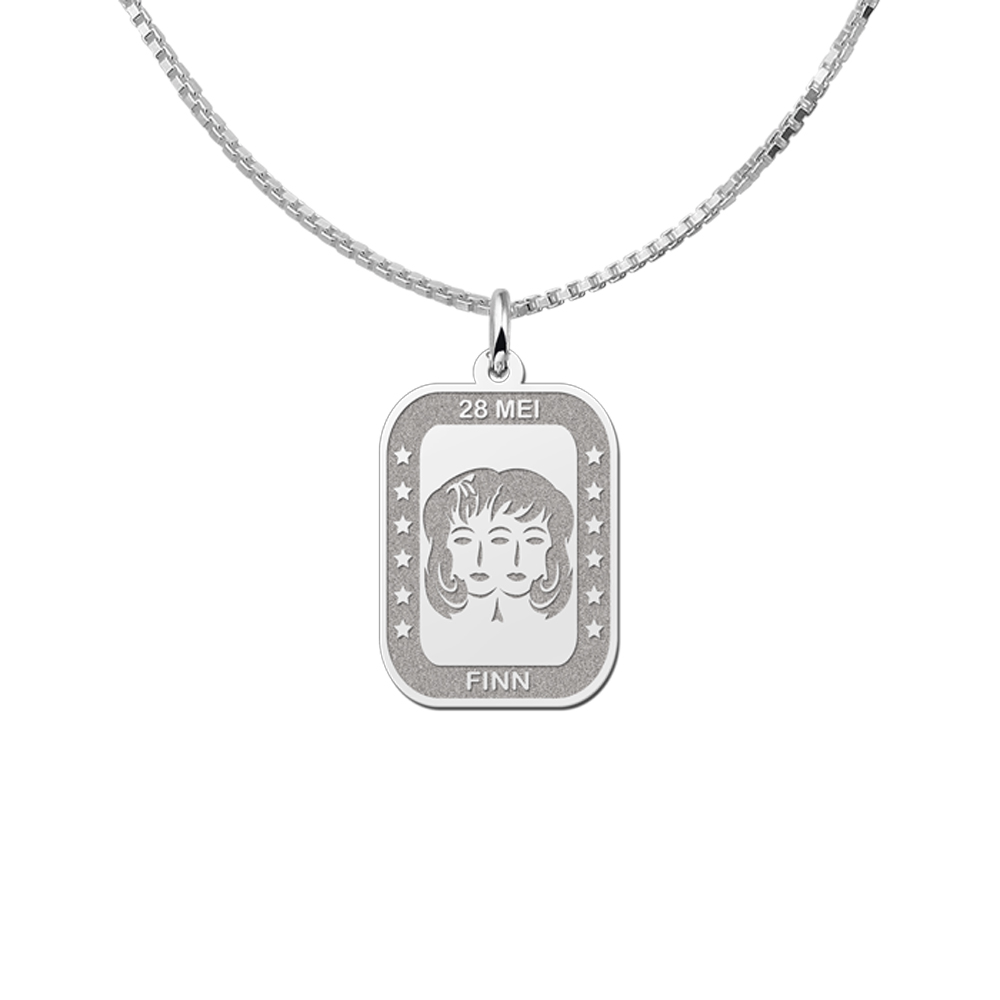 Colgante Rectangular de Plata Signo del Zodiaco Géminis con Grabado