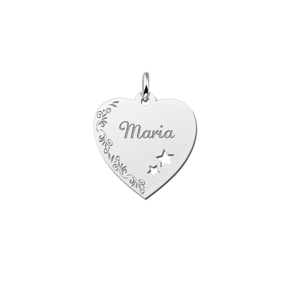 Placa de plata grabado corazón con borde de flor y estrellitas Placa de plata grabado corazón con borde de flor y estrellitas