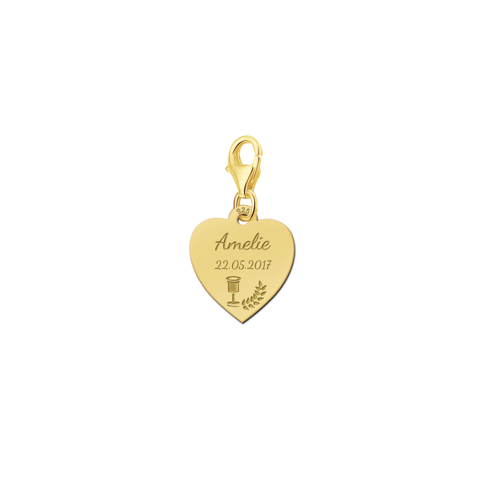 Colgante Corazón Chapado en Oro con Pila Bautismal y Rama, Nombre y Fecha