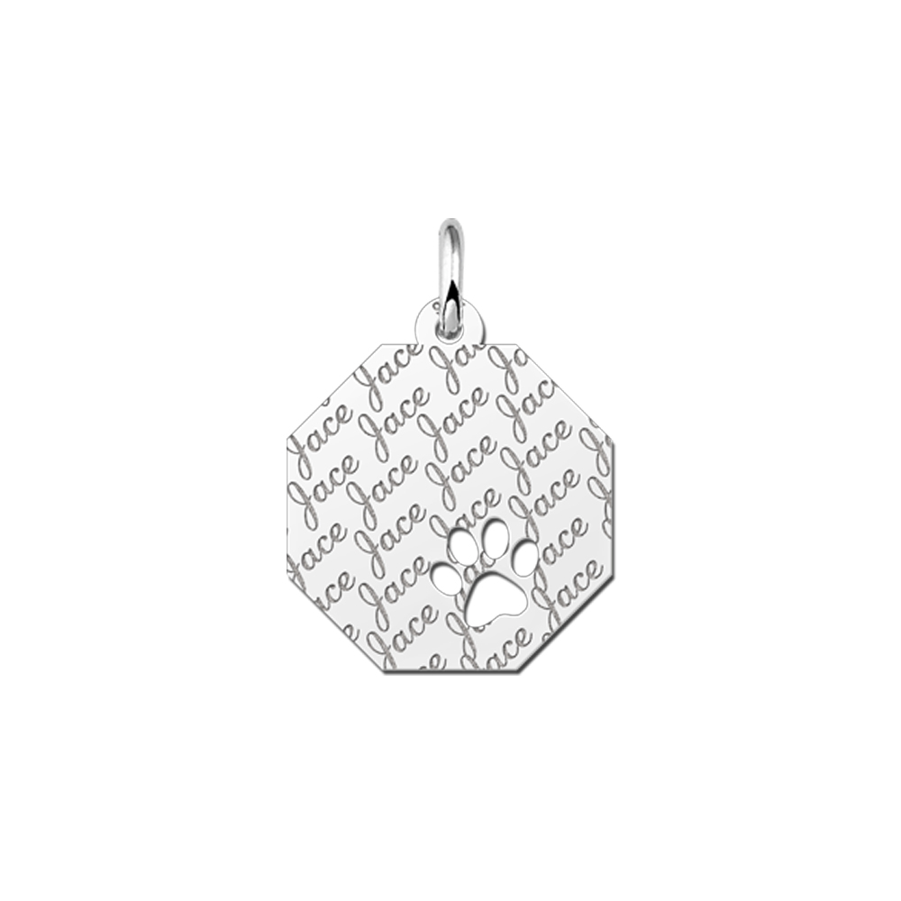 Colgante octogonal de plata patrón de nombre & huella de perro