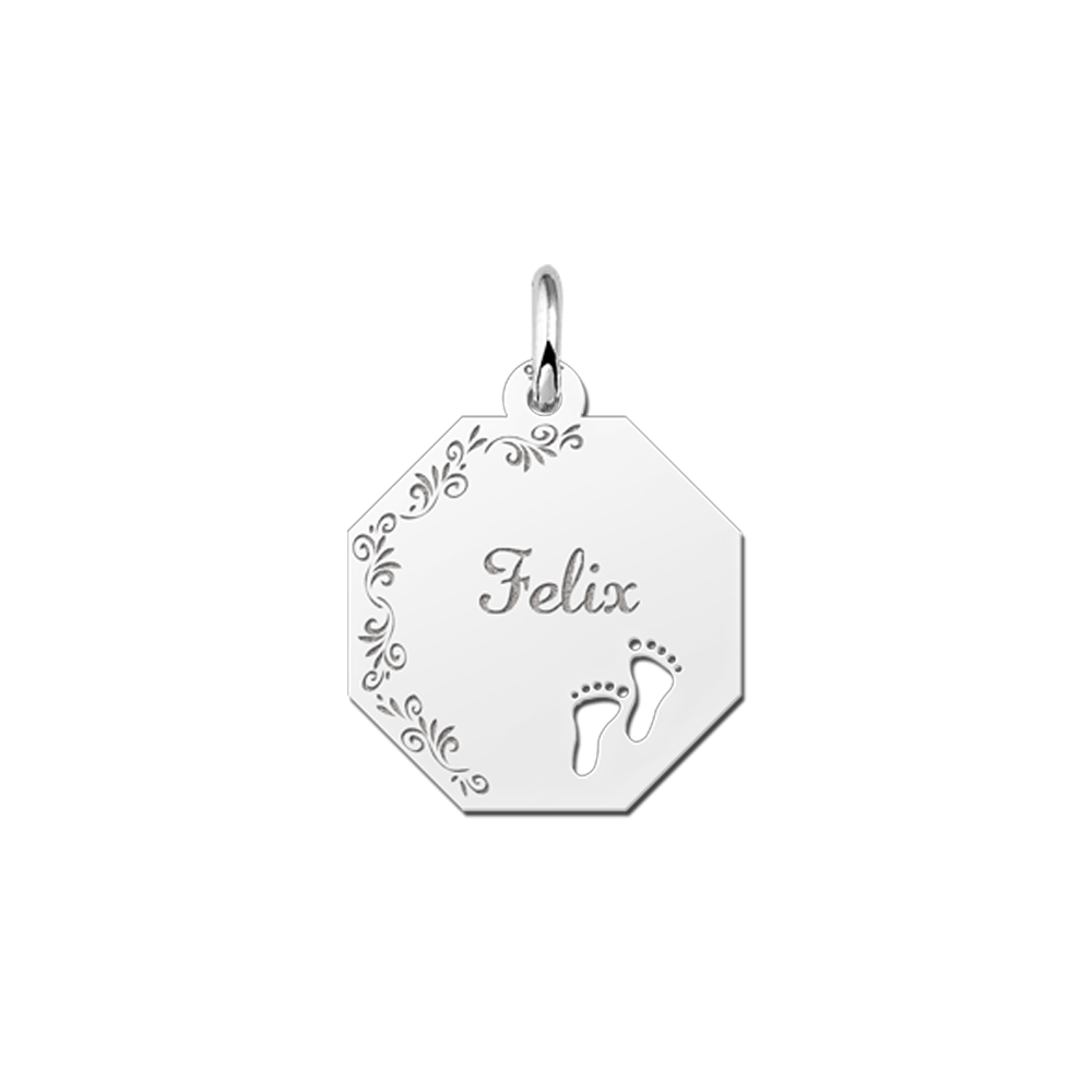 Colgante octogonal de plata borde floral & pies de bebé