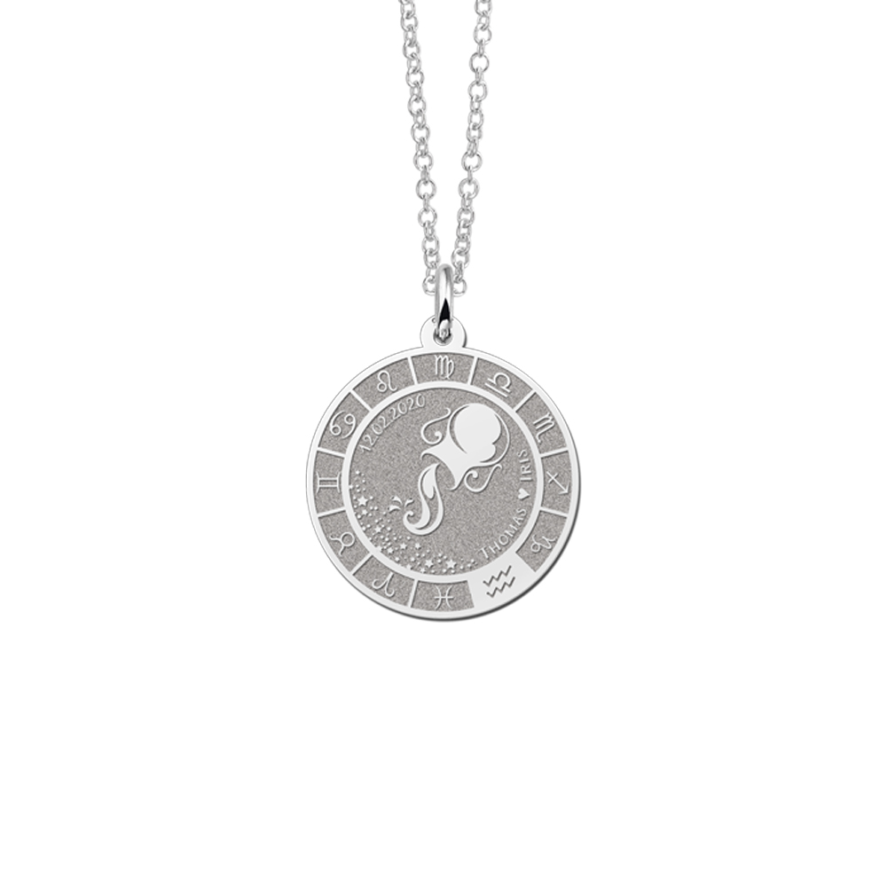 Colgante Redondo de Plata Signo del Zodiaco Acuario con Grabado