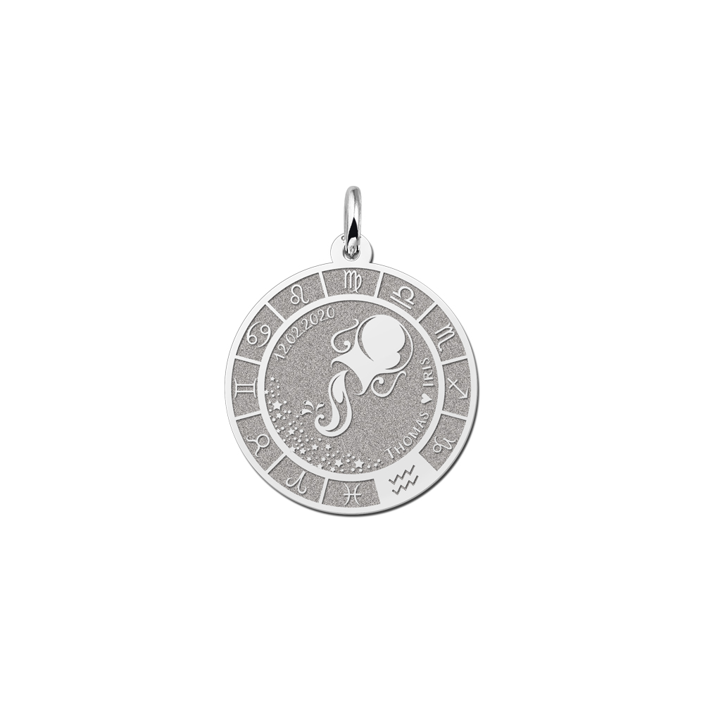 Colgante Redondo de Plata Signo del Zodiaco Acuario con Grabado