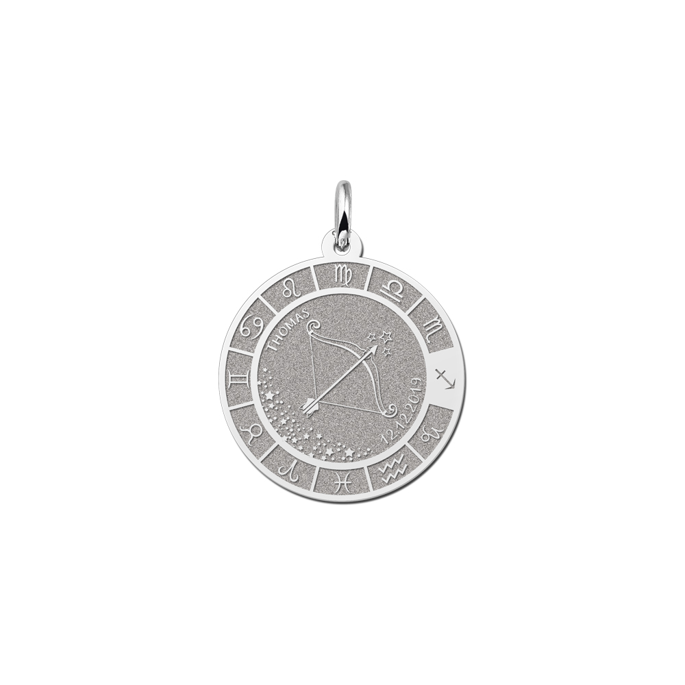 Colgante Redondo de Plata Signo del Zodiaco Sagitario con Grabado