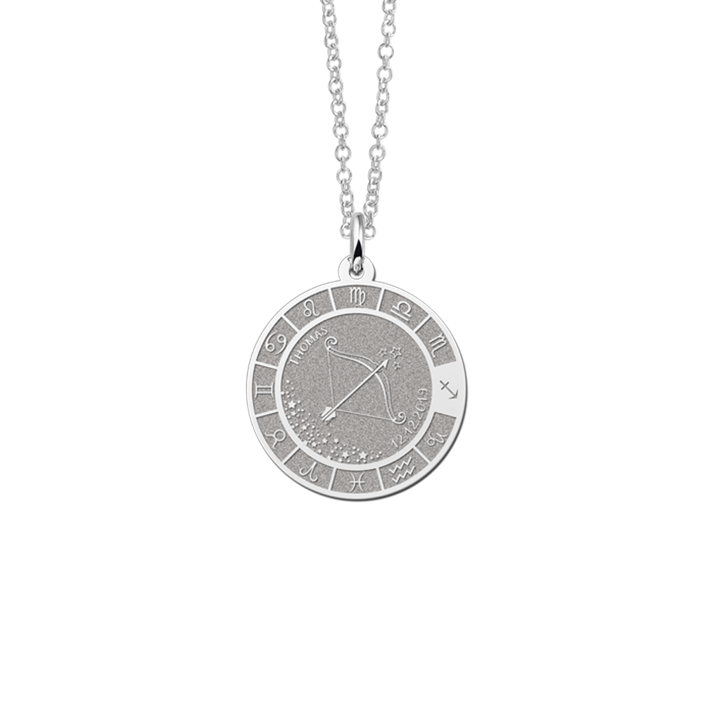 Colgante Redondo de Plata Signo del Zodiaco Sagitario con Grabado