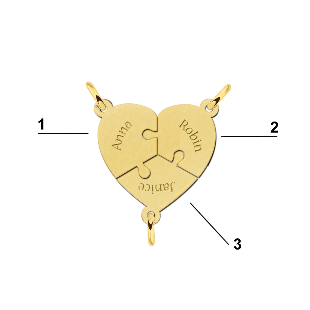Colgante partido de puzzle de corazón de 3 piezas chapado en oro con nombres