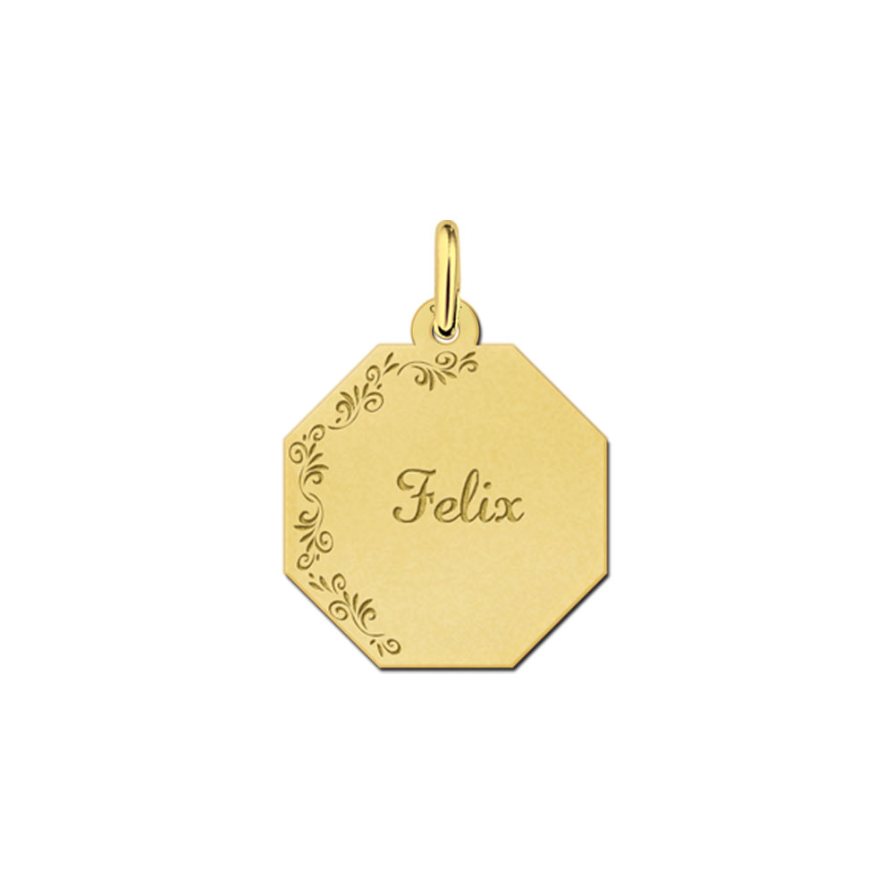 Colgante geométrico chapado en oro con borde de flores y nombre