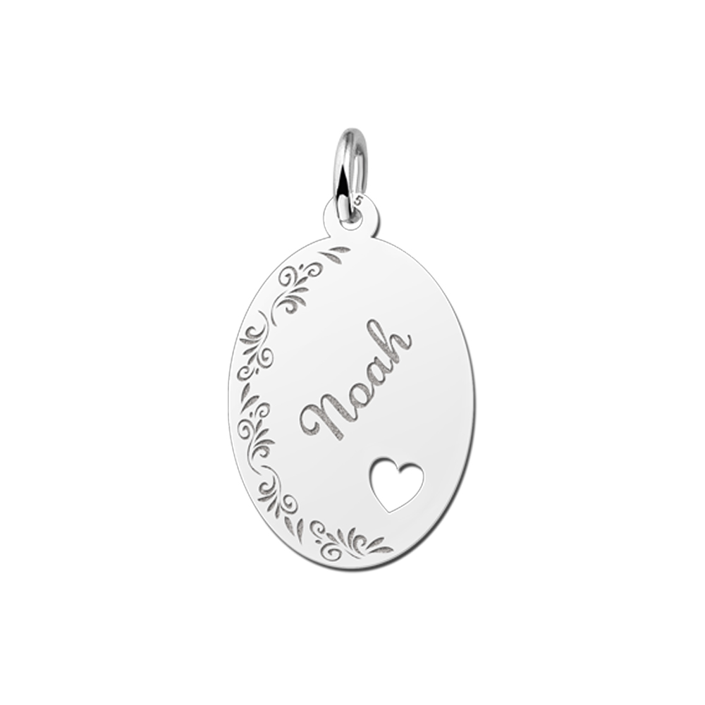 Colgante ovalado de plata borde floral & corazón