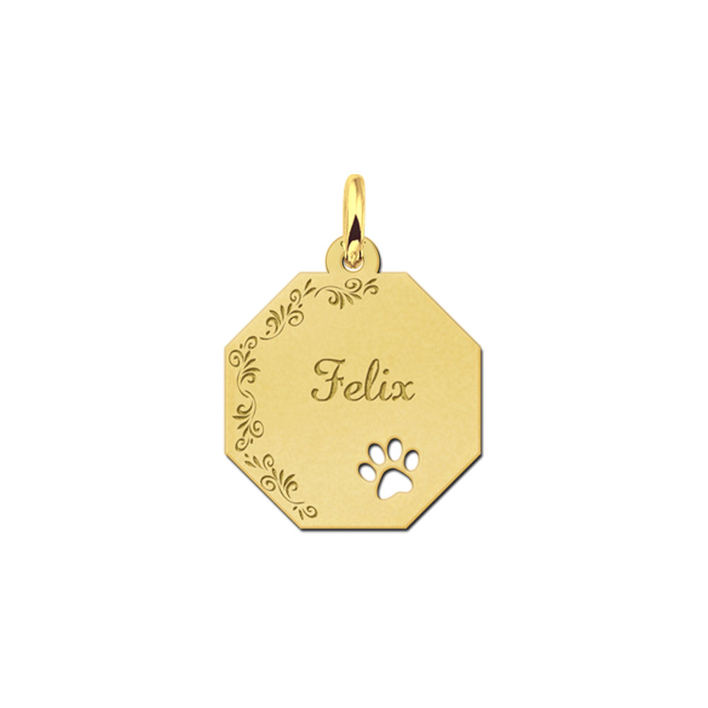 Colgante octogonal chapado en oro con borde de flores y huella de perro