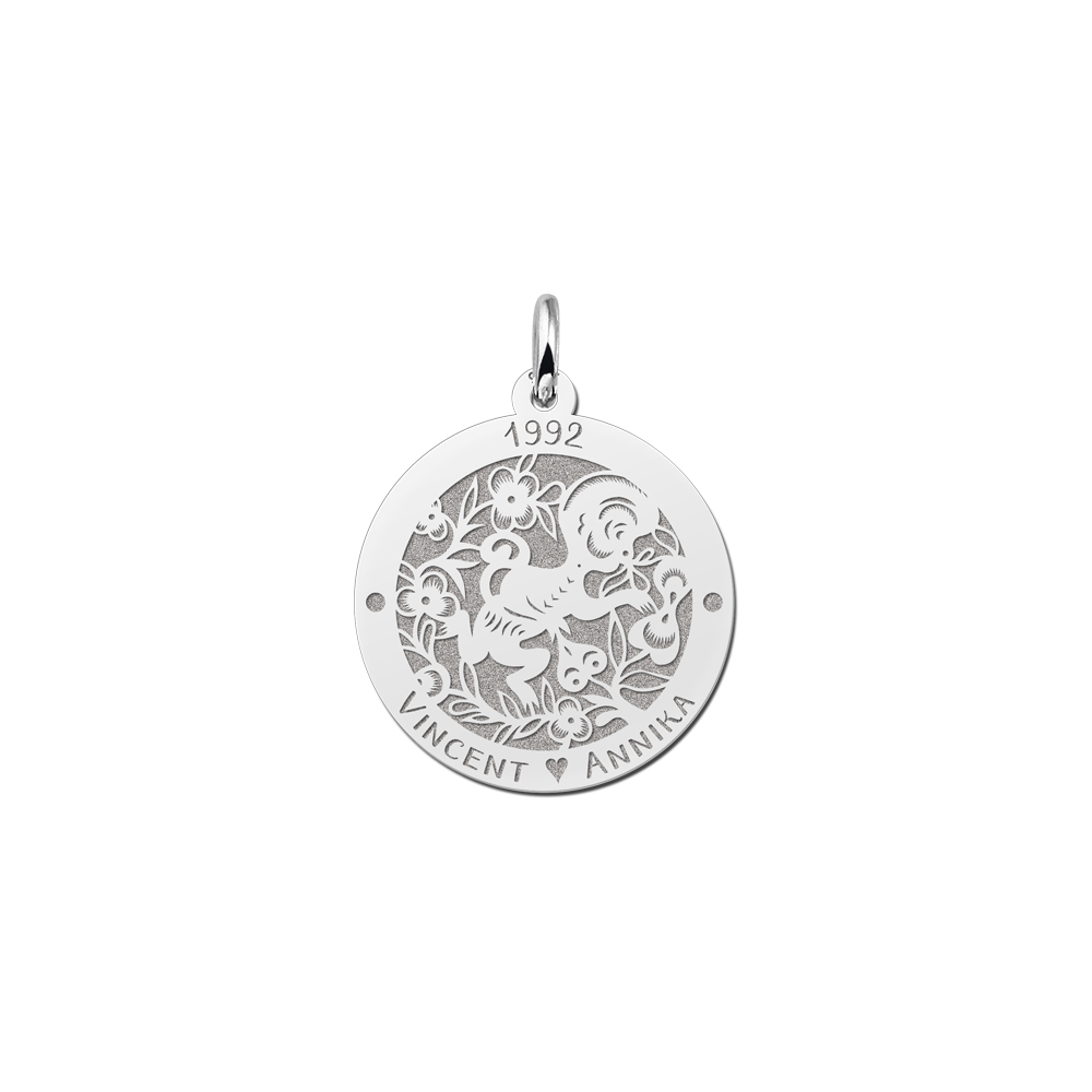 Colgante Redondo de Plata Signo del Zodiaco Chino Mono con Grabado