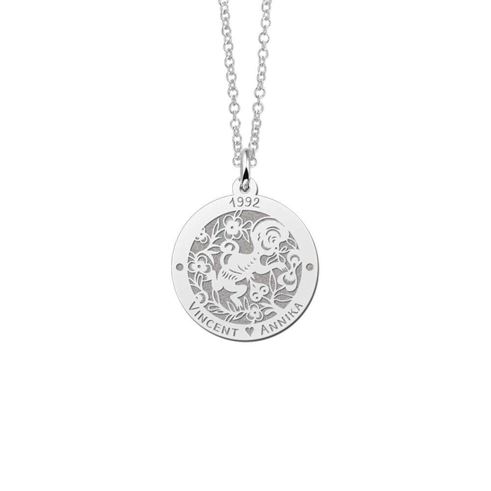 Colgante Redondo de Plata Signo del Zodiaco Chino Mono con Grabado