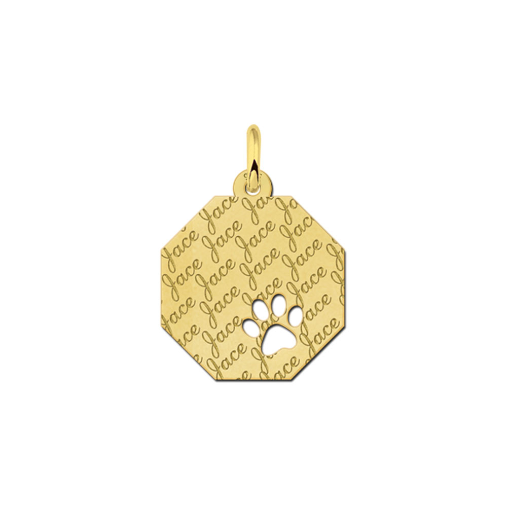 Colgante octogonal chapado en oro con patrón de nombre y huella de perro