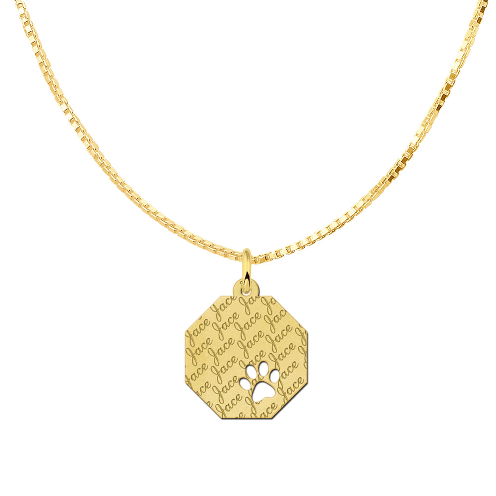 Colgante octogonal chapado en oro con patrón de nombre y huella de perro