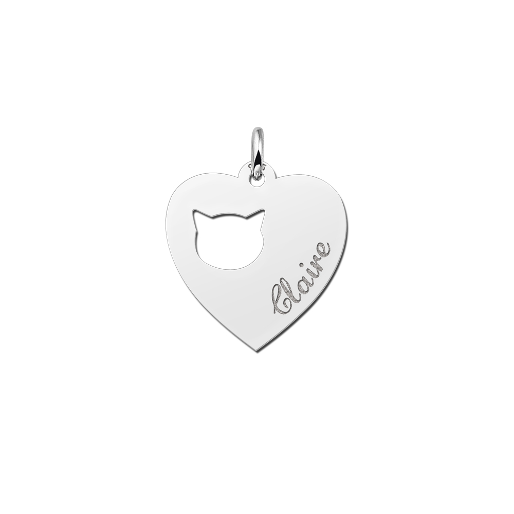 Placa grabada de plata niño corazón con cabeza de gatos Placa grabada de plata niño corazón con cabeza de gatos