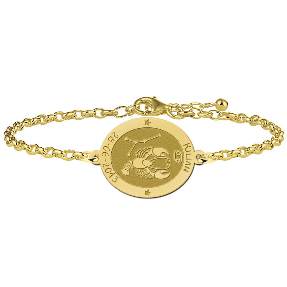 Pulsera Ovalada Signo del Zodíaco Cáncer Chapada en Oro con Nombre y Fecha