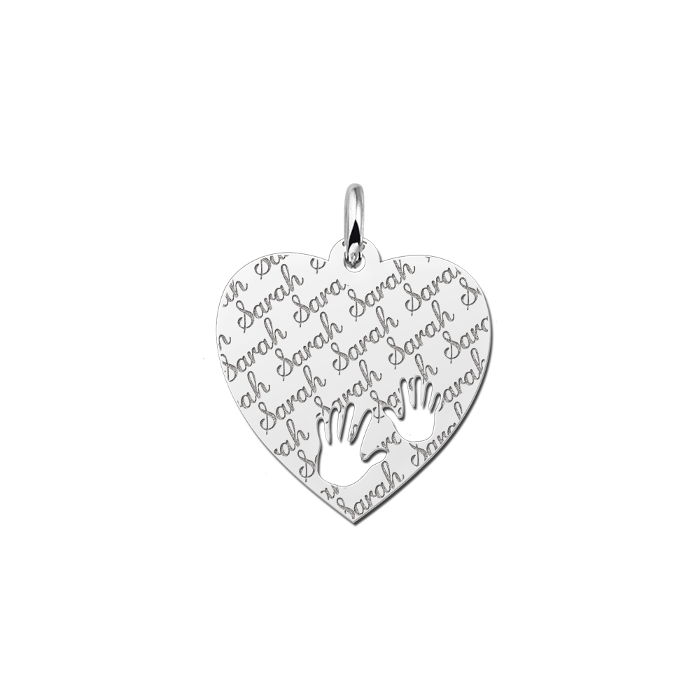 Placa de plata Corazón con grabado de nombre con manitos Placa de plata Corazón con grabado de nombre con manitos