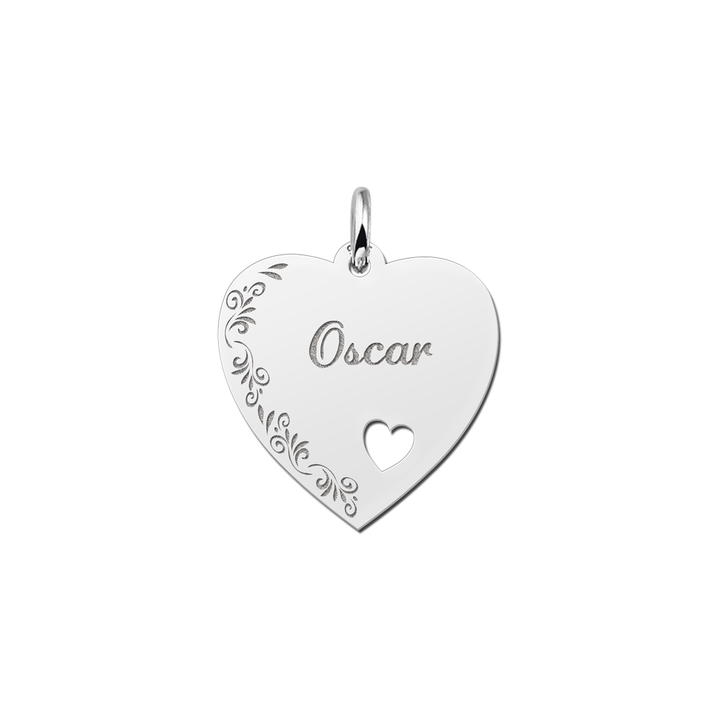 Placa de plata  grabado corazón con borde de flor y corazoncito