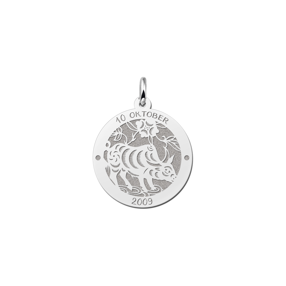 Colgante Redondo de Plata Signo del Zodiaco Chino Buey con Grabado