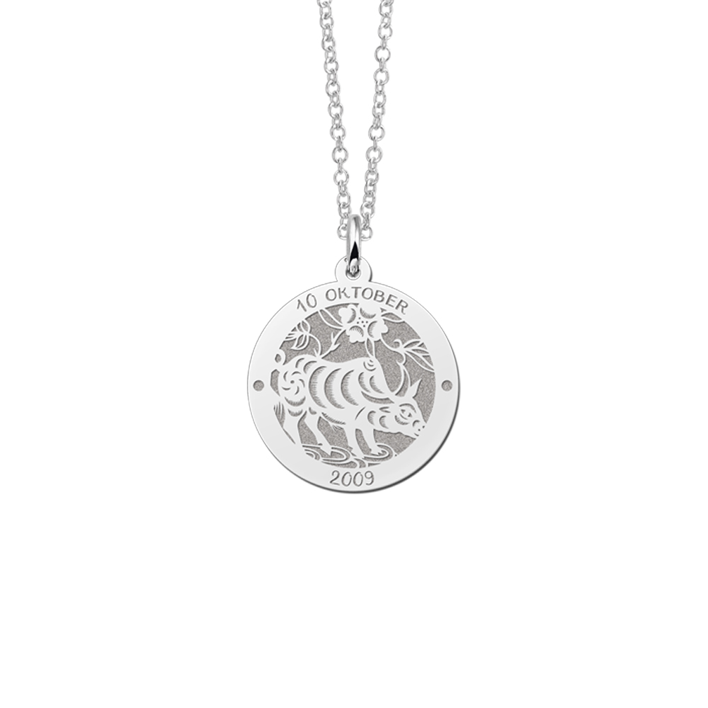 Colgante Redondo de Plata Signo del Zodiaco Chino Buey con Grabado