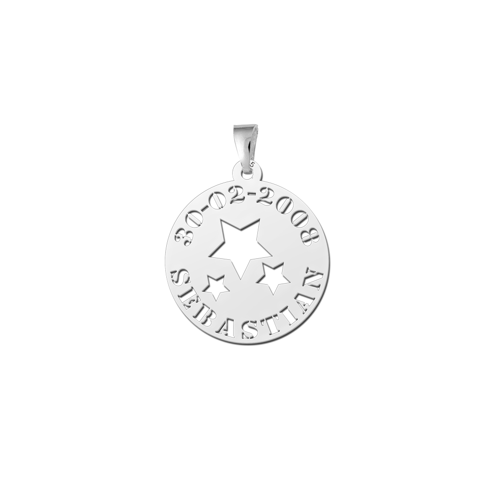 Colgante Redondo de Plata Estrellas con Nombre y Fecha