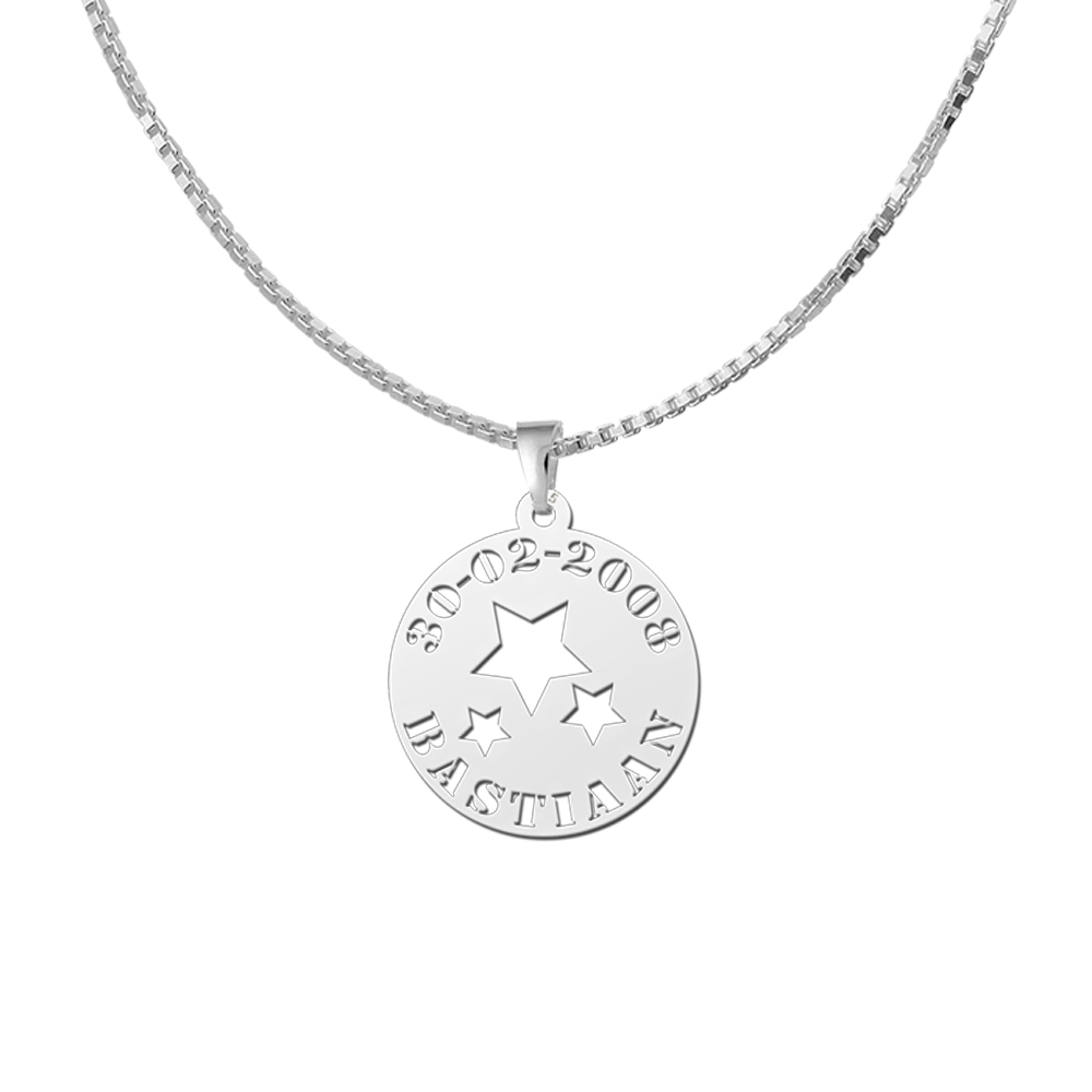 Colgante Redondo de Plata Estrellas con Nombre y Fecha