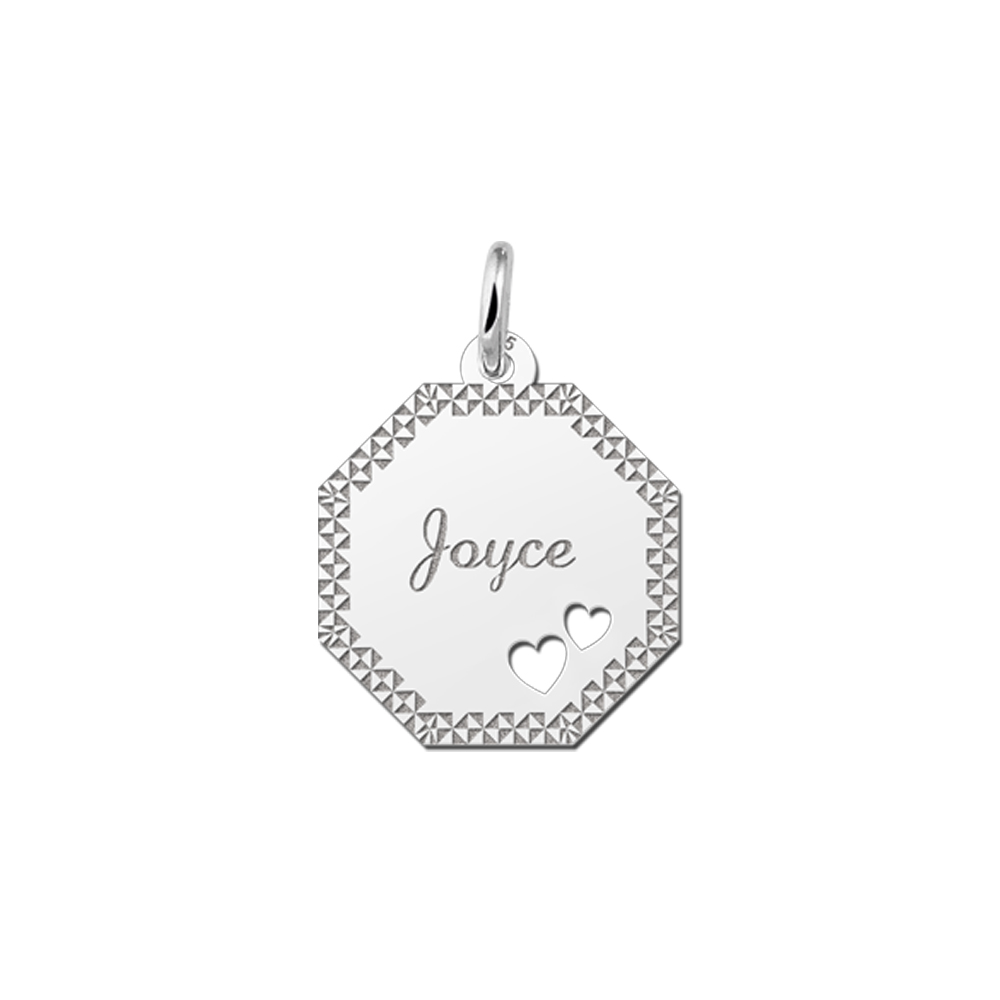 Colgante octogonal de plata borde & 2 corazones