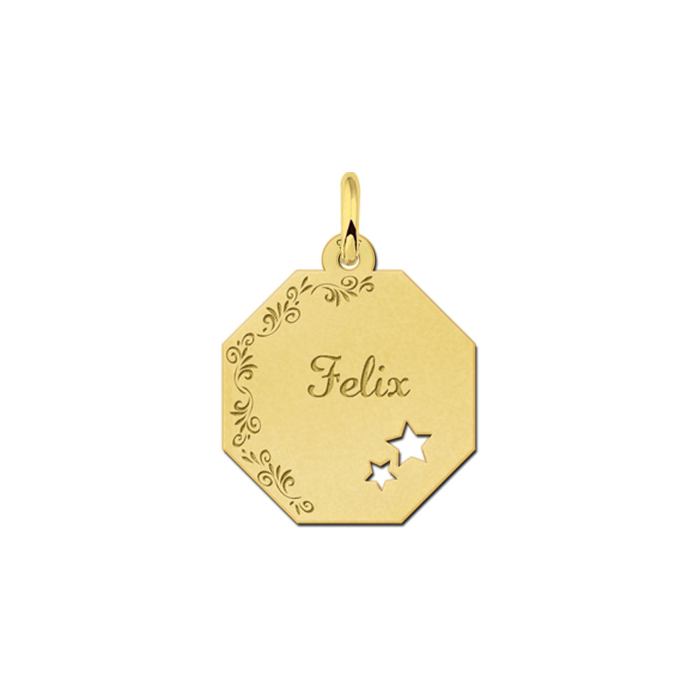 Colgante octogonal chapado en oro con borde de flores y estrellas