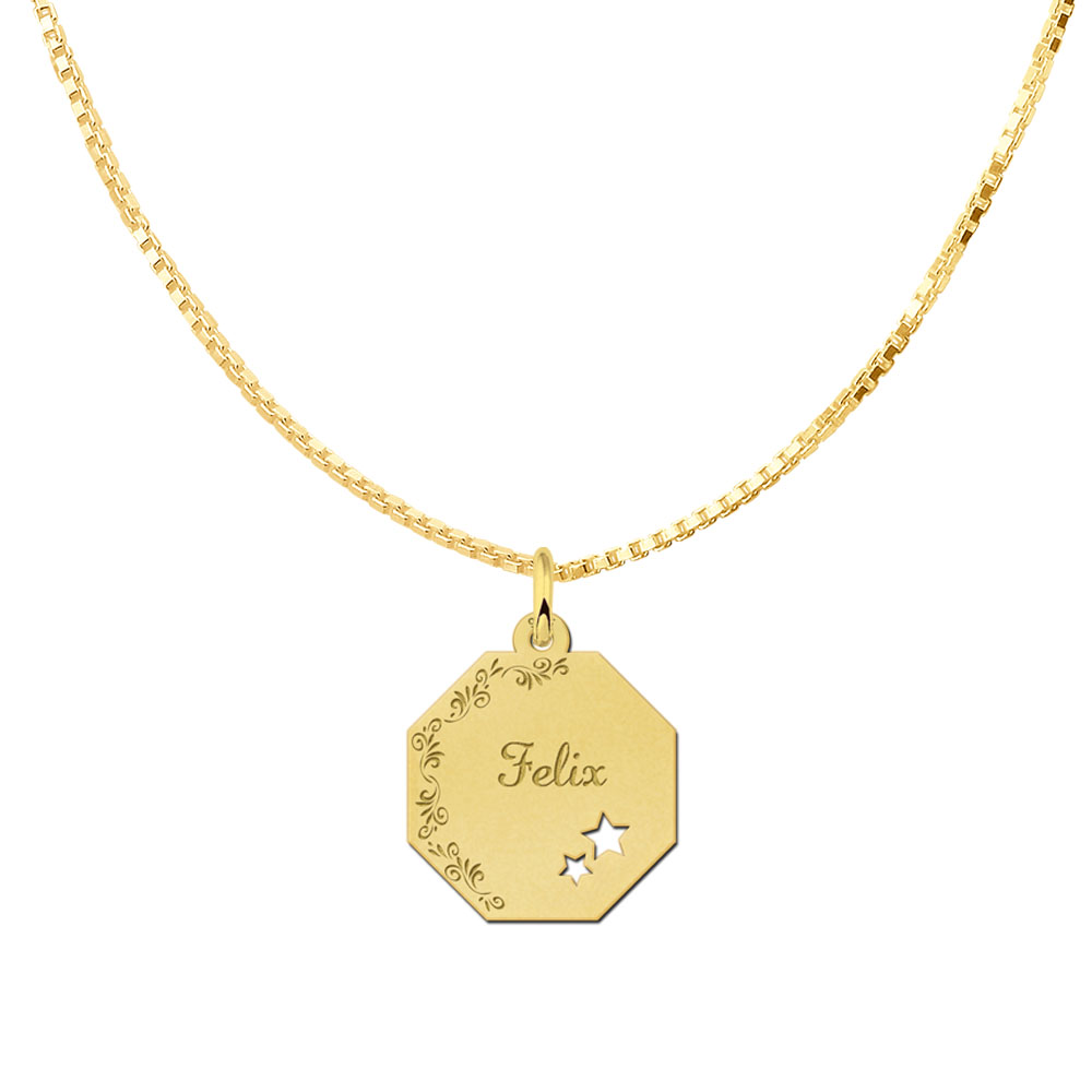 Colgante octogonal chapado en oro con borde de flores y estrellas
