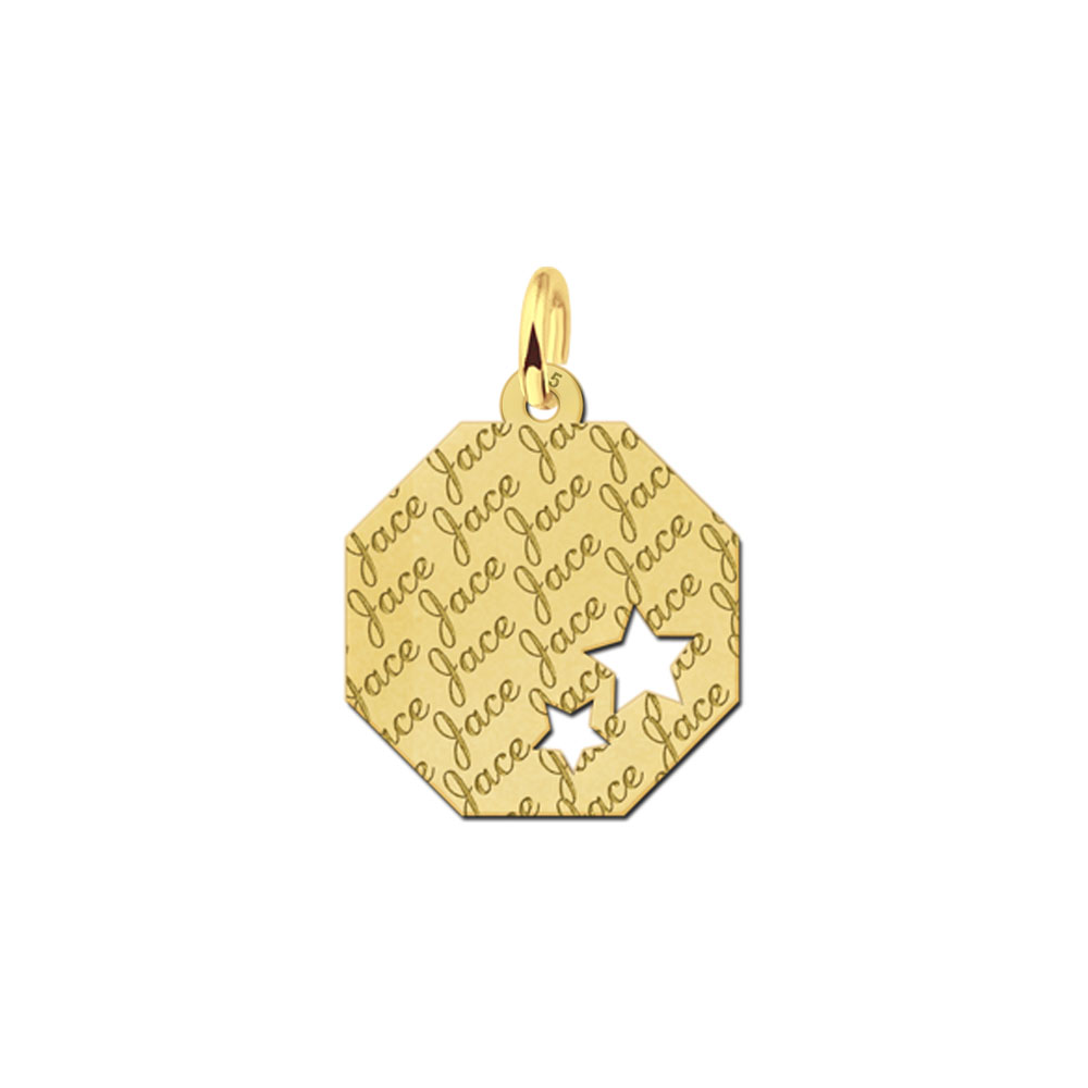 Colgante octogonal chapado en oro con patrón de nombre y estrellas