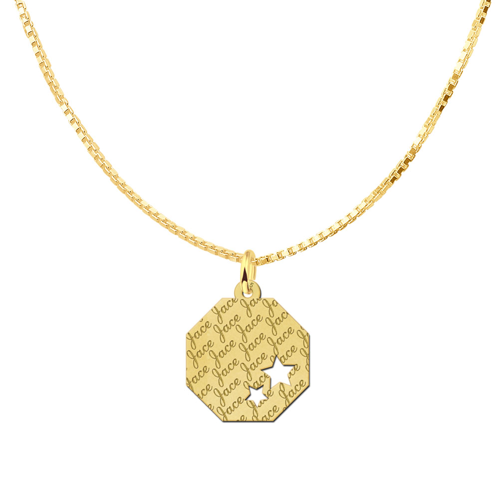 Colgante octogonal chapado en oro con patrón de nombre y estrellas