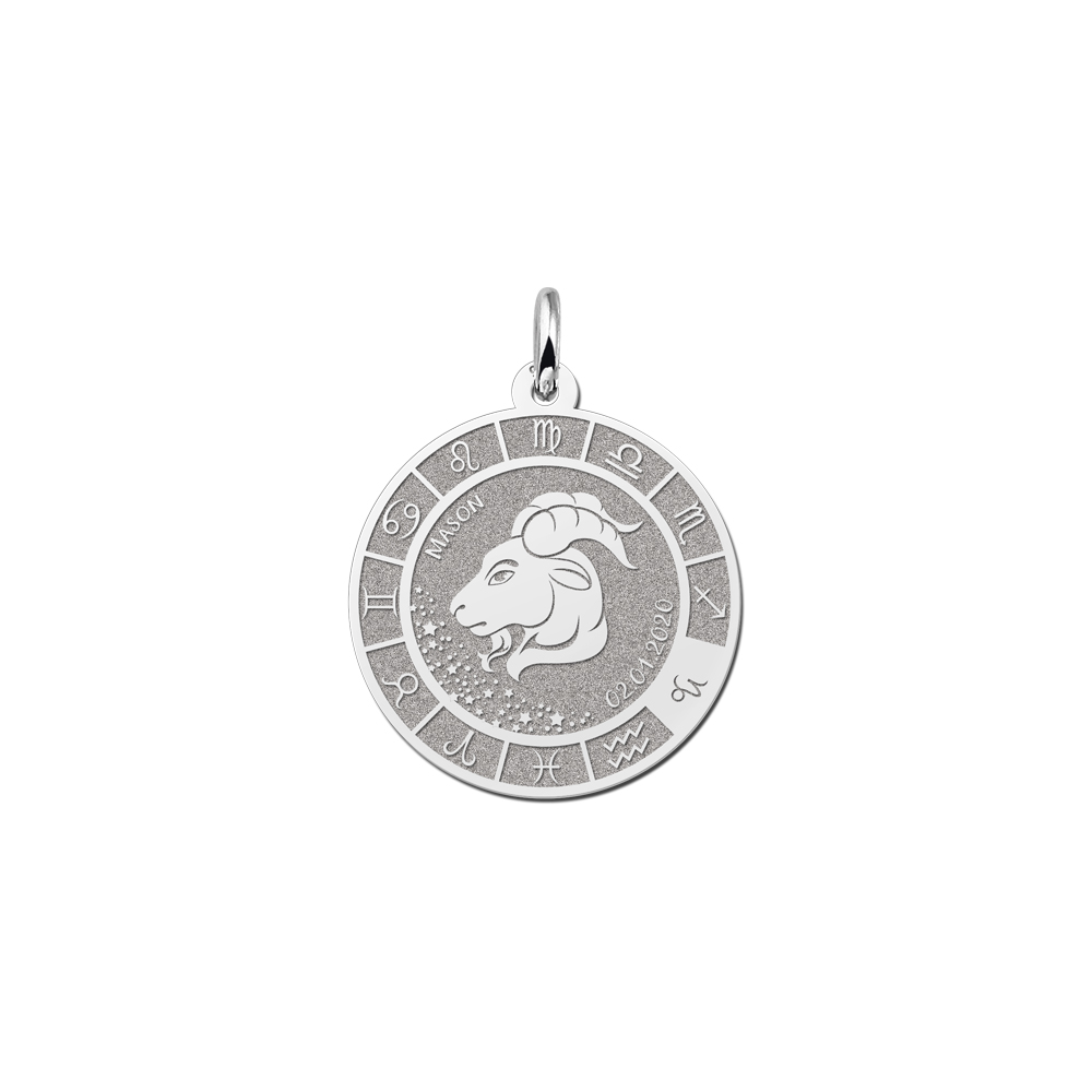 Colgante Redondo de Plata Signo del Zodiaco Capricornio con Grabado