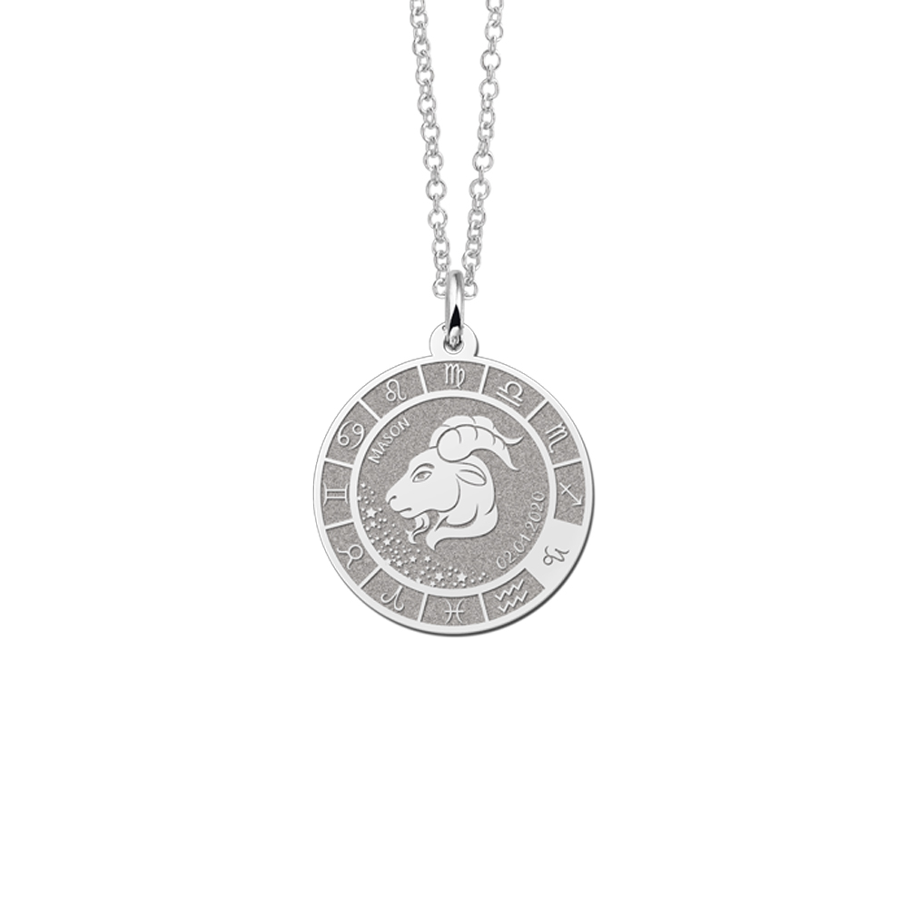 Colgante Redondo de Plata Signo del Zodiaco Capricornio con Grabado