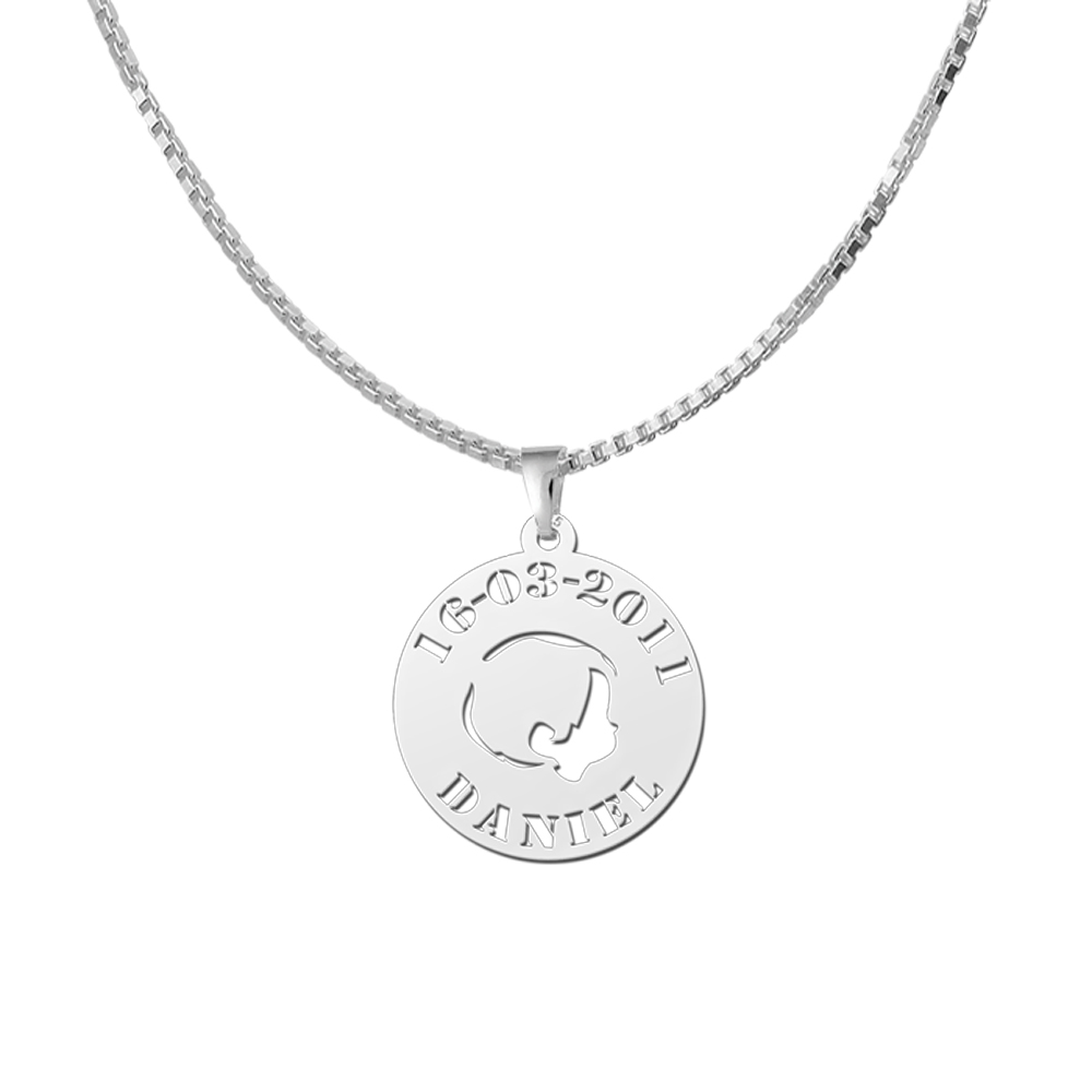 Colgante bebé de plata con cabeza de niño, nombre y fecha